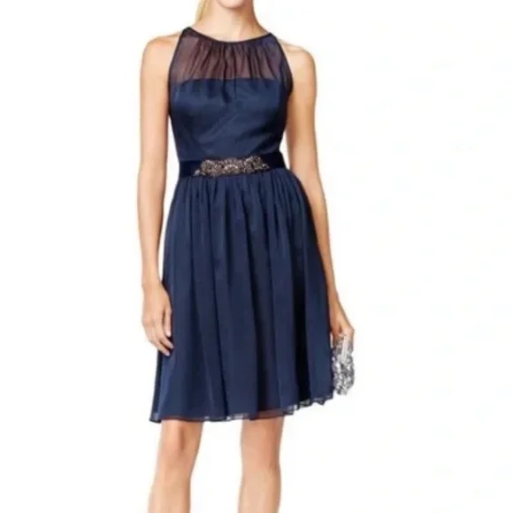 Adrianna Papell Belted Chiffon Halter Dress - Blue 4